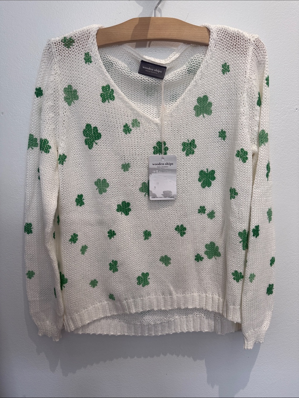 Wooden Ships White V-Neck Sweater with Green Shamrock Print - Picture 2 of 4